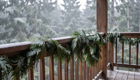 A wooden porch railing draped with fresh cedar garland and a fir swag, light frost on the wood on a quiet grey morning