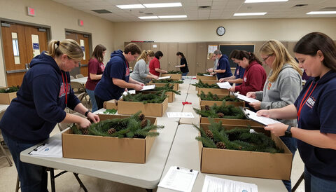 Volunteers opening cardboard cases of fresh evergreen wreaths on folding tables in a school hall with paper order forms