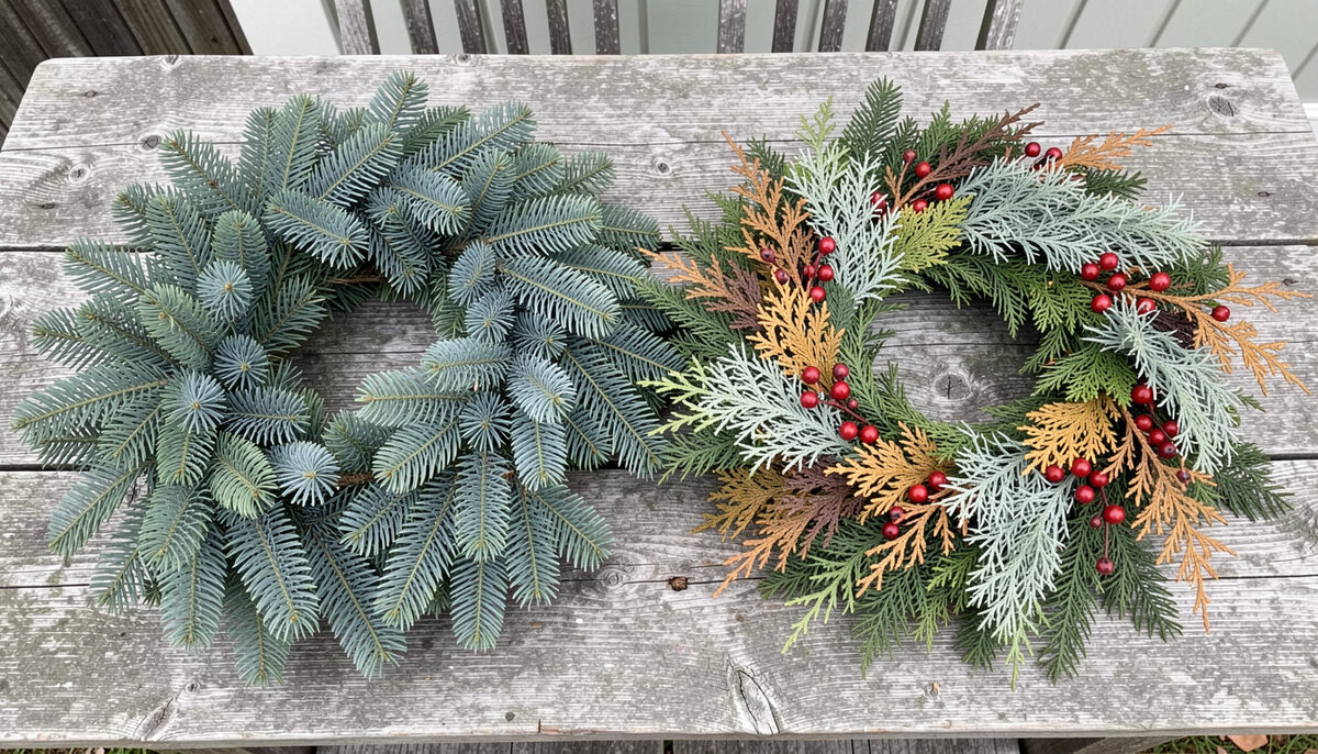 Two finished evergreen wreaths side by side on a weathered wooden table, one dense blue-green fir and one mixed with cedar and berried juniper.