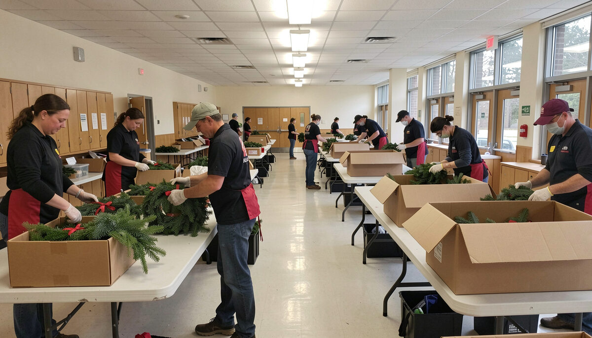 Volunteers sorting cases of fresh evergreen wreaths in a school hall, cardboard boxes open on folding tables.